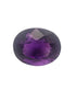A faceted oval-cut purple gemstone, likely amethyst, centered on a plain white background.
