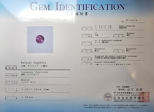 JGSI Certified 1.854Cts Natural Ceylon Pink Sapphire (Heated)