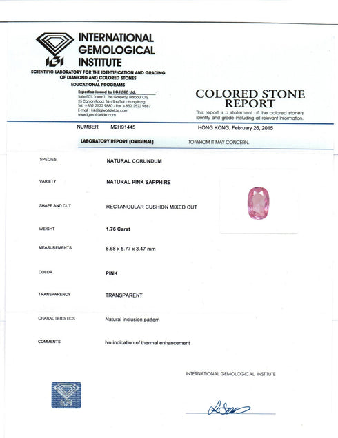 IGI certified 1.76 ct Natural Ceylon Untreated Pink Sapphire