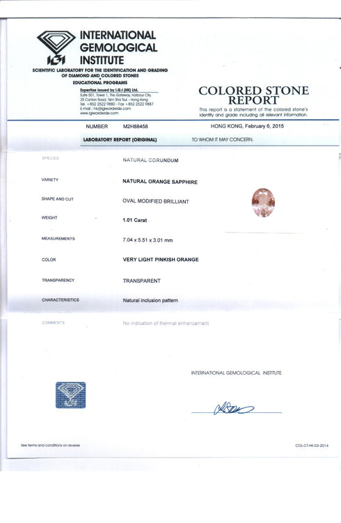 IGI Certified Natural 1.01 Cts Ceylon Orange Sapphire