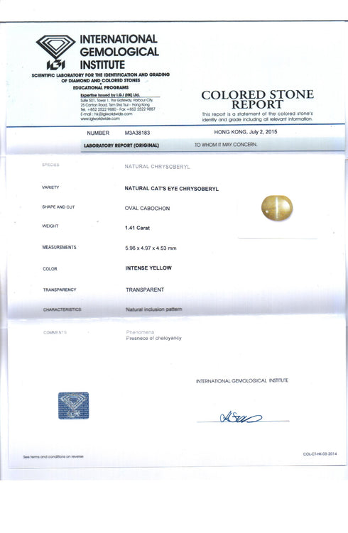 IGI Certified 1.41 Cts Natural Ceylon Chrysoberyl Cat's Eye