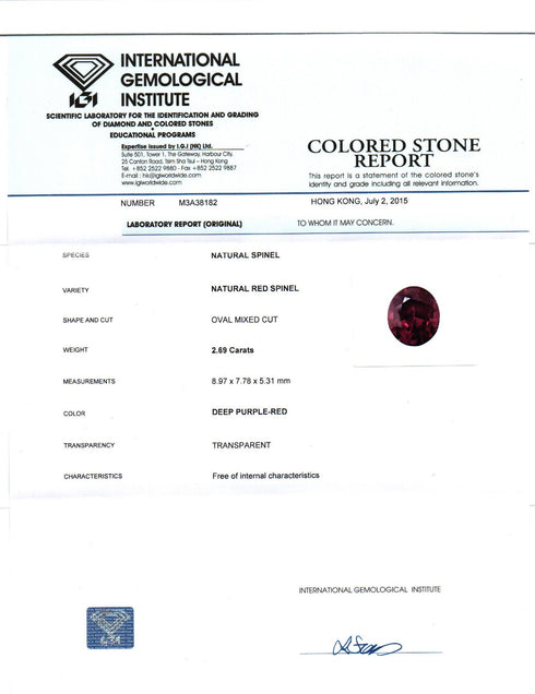 IGI Certified 2.69 cts Natural Ceylon Red Spinel