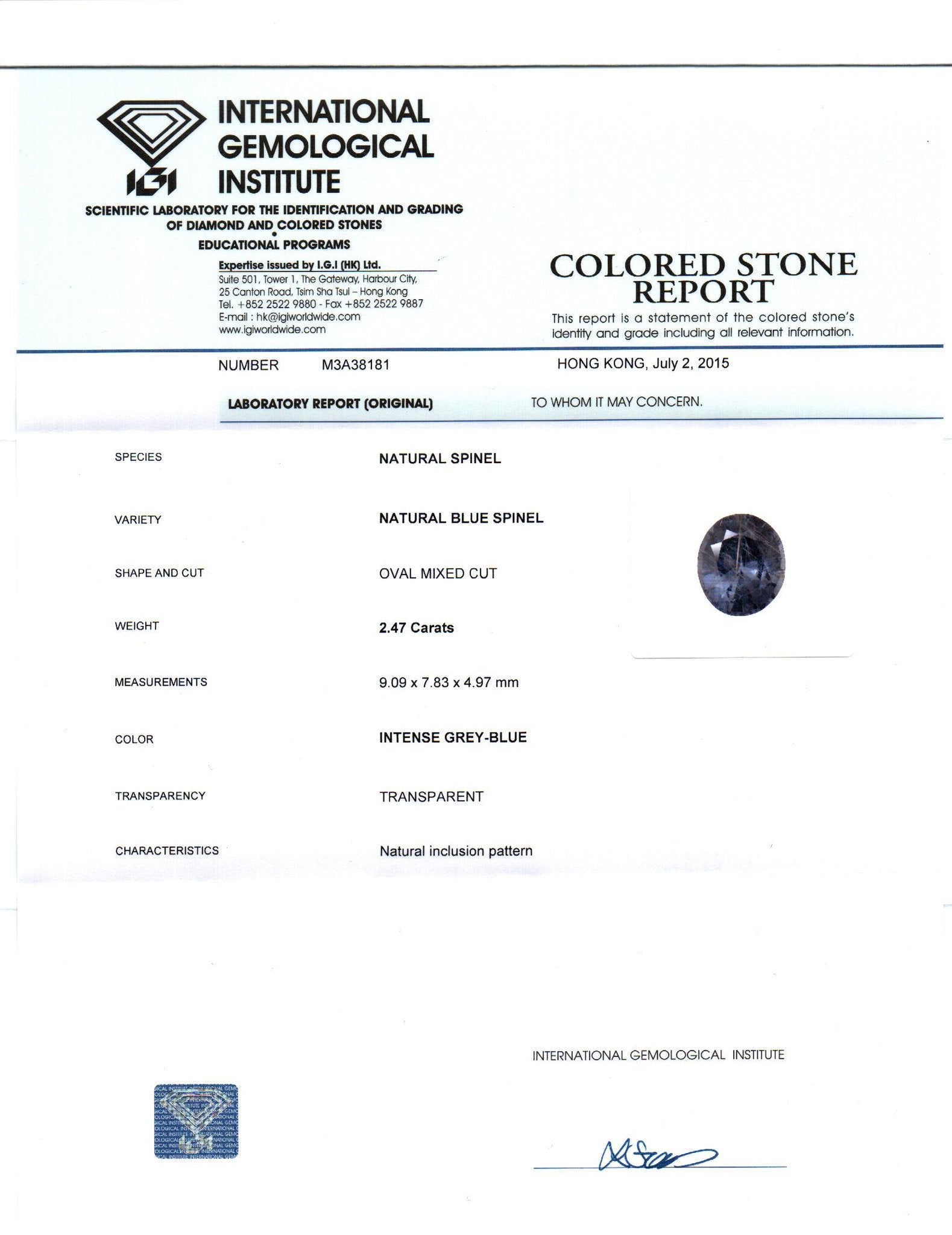 IGI Certified 2.47 cts Natural Ceylon Blue Spinel