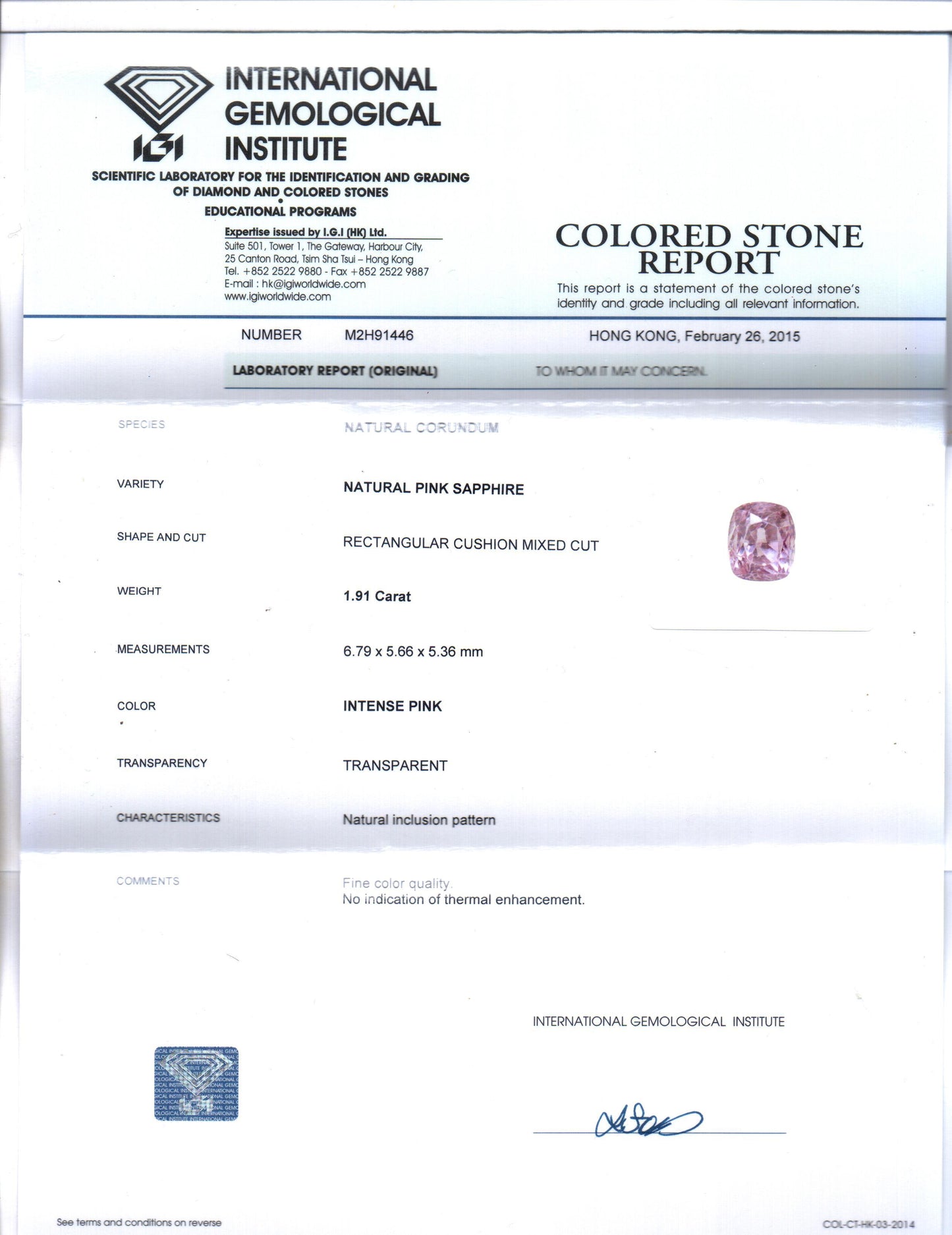 IGI Certified 1.91 Cts Natural Ceylon Untreated Pink Sapphire