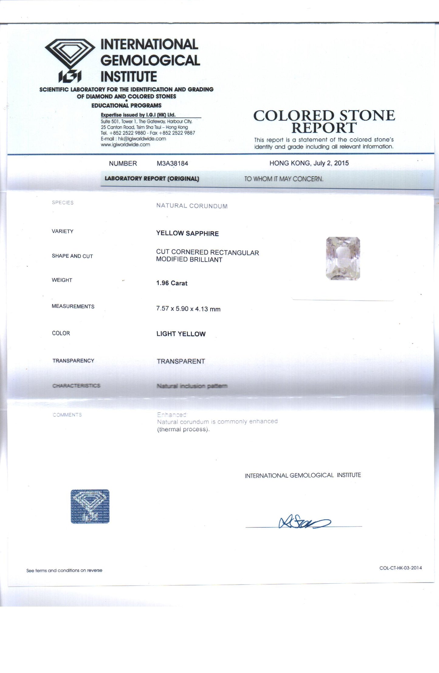 IGI Certified 1.96 Cts Natural Ceylon Yellow Sapphire